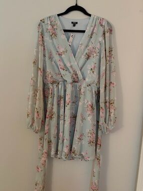 Express Floral Wrap Mini Dress in Mint with Pink Roses
